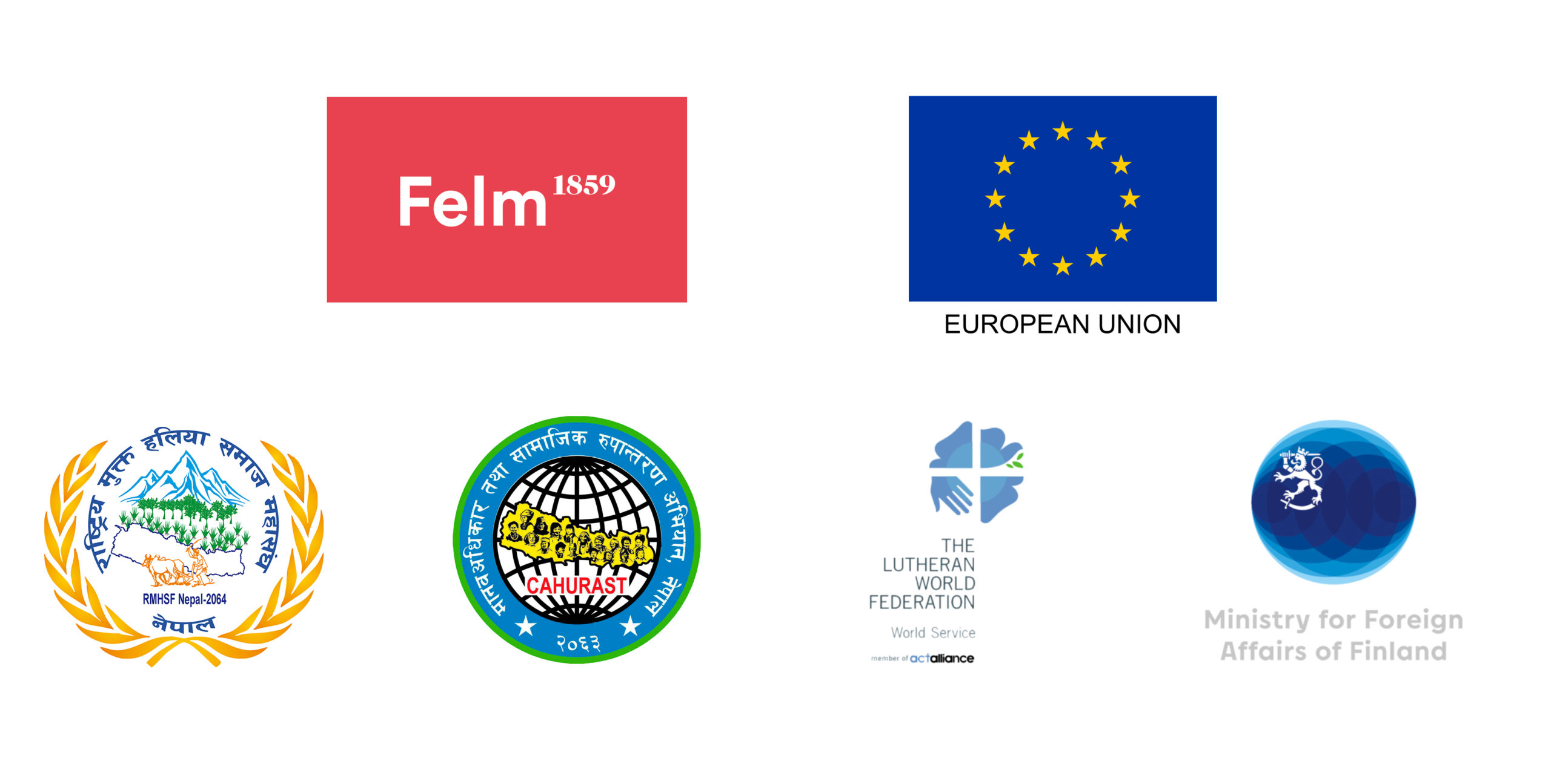 Nepalin EU-rahoitteisen ihmisoikeushankkeen logo, jossa kaikkien järjestökumppaneiden logot.