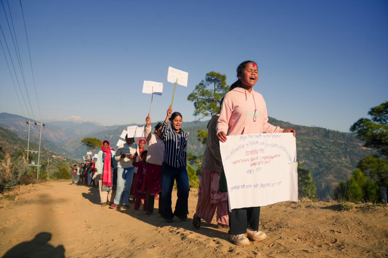 Samvad girls, women’s group members, and other women campaign against child marriage, domestic violence, and gender-based violence, while promoting the rights of women and children.